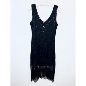 Black Beaded Sequin Fringe Sleeveless Flapper 1920s Dress Costume Gatsby Size M